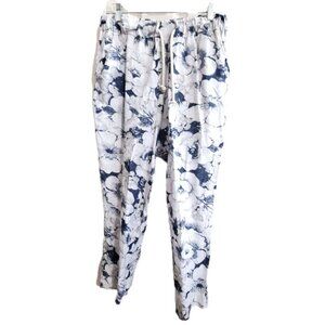 Kaktus Women's XL Blue Floral Linen Pants 26" Inseam Elastic Waist & Drawstring